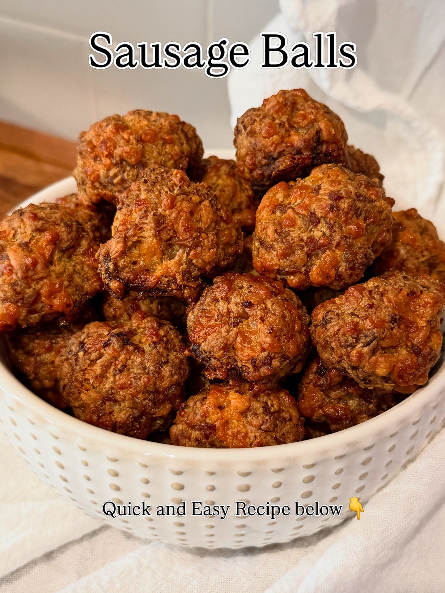 Right here!

1 lb Hot Breakfast Sausage
1 to 1 & 1/2 cups Cheddar, shredded
1 cup Bisquick

Mix in a large bowl with your hands, you’ll need to really work it together until it becomes one well-mixed ball.

Make 1 inch balls, just eyeball it, it’s not a big deal if it’s exact.

Put on a parchment paper lined cookie tray and bake at 350F until golden brown and internal temp is 165F. 

Let cool and enjoy!

With love, always ❤️

#comfortfoods #homemade #sausageballs #easyrecipeideas #yum