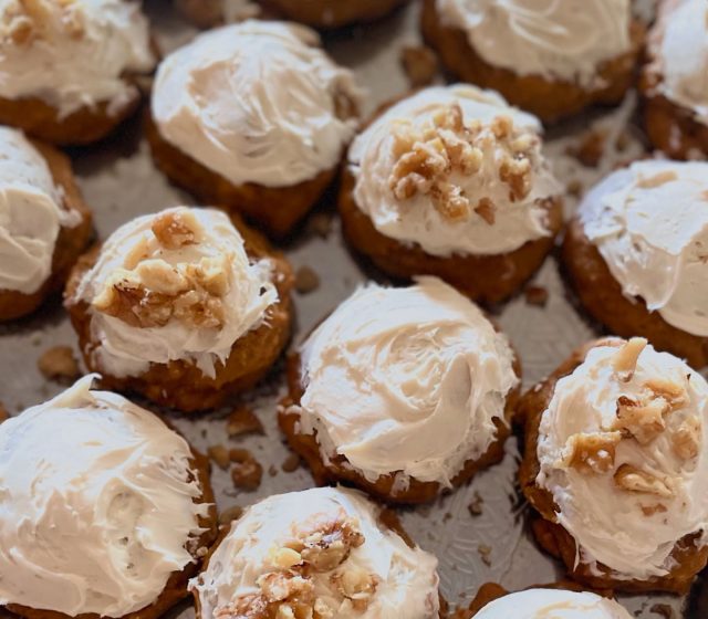 Recipe:
Walnut Pumpkin Cookies with Cream Cheese Frosting
1 can Pumpkin Puree
12 Tbsp Unsalted Butter, Softened
1 Egg, Room Temp
1 Cup Packed Brown Sugar
3/4 Cup Granulated Sugar
2 tsp Maple Syrup
1 & 1/2 tsp Vanilla Extract
3 C. All-Purpose Flour
1 & 1/2 tsp Baking Powder
1 tsp Baking Soda
1 tsp Kosher Salt
2 tsp Pumpkin Pie Spice
1 & 1/2 tsp Ground Cinnamon
1/4 tsp Ground Ginger
2 Cups Walnuts, processed to small/medium crumb
1 Can Cream Cheese Frosting
-Pre-heat oven to 350F and line baking sheets with parchment paper.
-Drain your pumpkin puree on plate lined with paper towels. Let sit 5-10 minutes.
-On medium speed, cream softened butter and sugars until light, fluffy, and smooth. Add the egg and beat on high until just mixed in. Add the vanilla, maple syrup, and pumpkin and mix on high until well blended. It may look like it’s separating; it is not, this is normal.
-Mix all the dry ingredients with a whisk in a medium bowl (excluding the walnuts). On low speed blend into the wet ingredients. Dough will be soft. Pour walnuts into dough and mix with a wooden spoon.
-Bake in preheated oven for 15 minutes. Edges will be light brown and center will seem soft, but will firm up. Let cool on a baking sheet for 5-10 minutes then transfer to wire rack to finish cooling. When cool, top with cream cheese frosting and extra crushed walnuts if desired.
#yummy #whatsfordessert #recipeoftheday #cookieaddict #homecooking